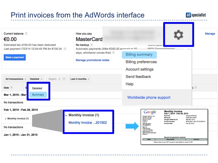 Instruction how to print AdWords invoices